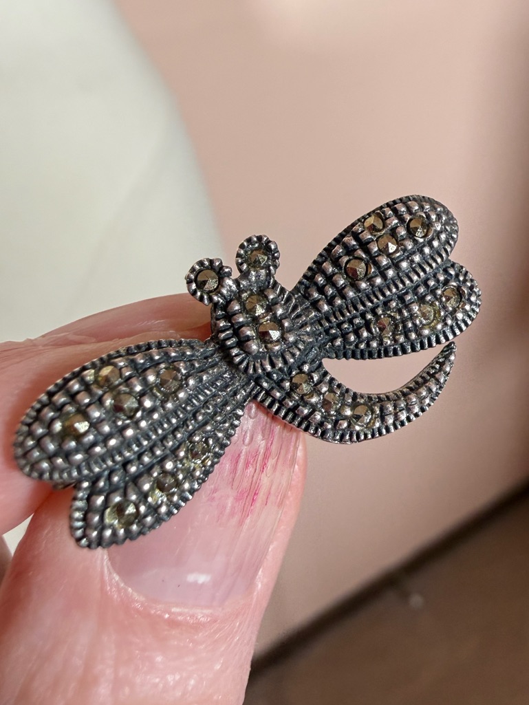 Vintage Sterling Silver Marcasite Art Deco Dragonfly Brooch Small